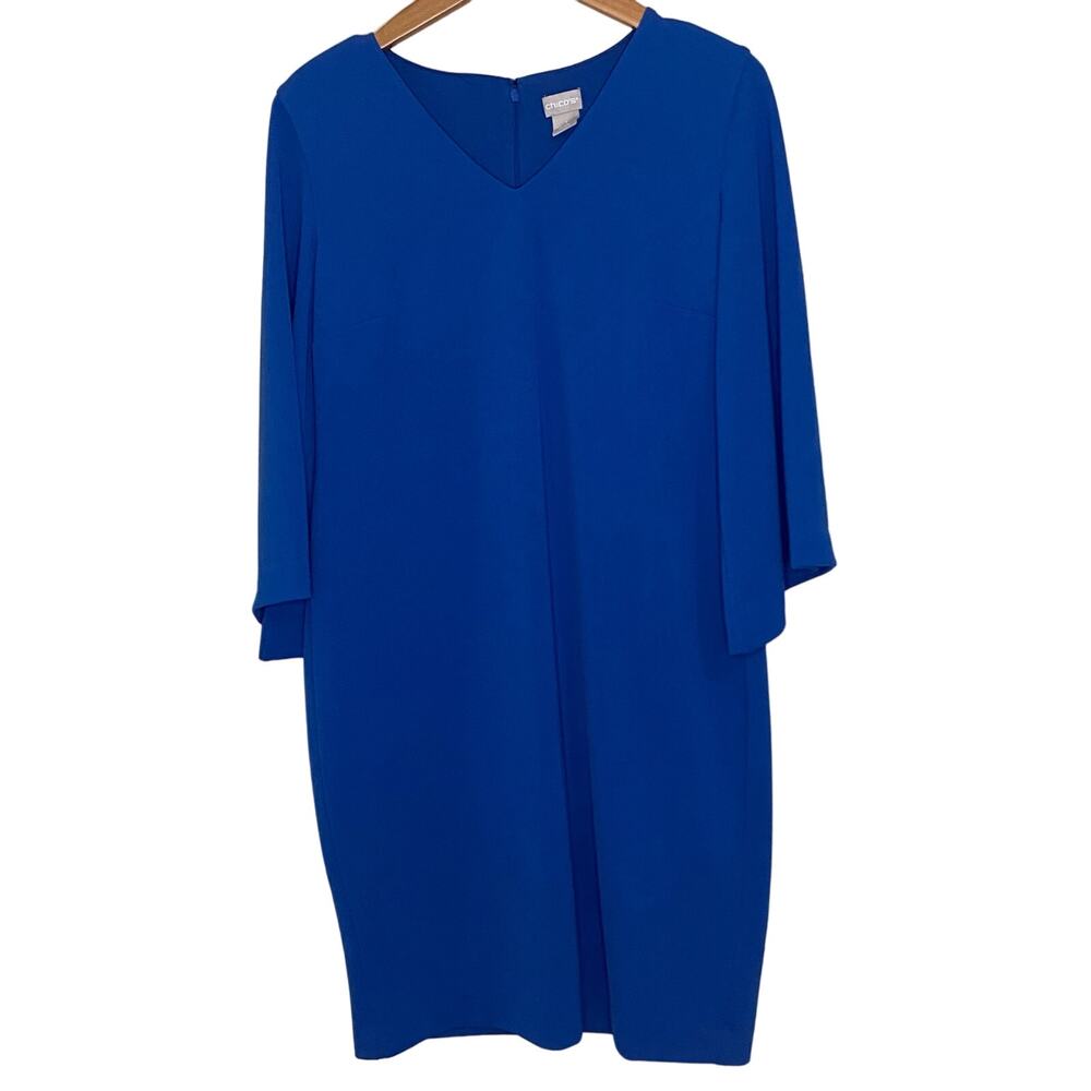 Chico's V-Neck Shift Dress Women's Size 1 8/10 Blue 3/4 Kimono Sleeve Back Zip
